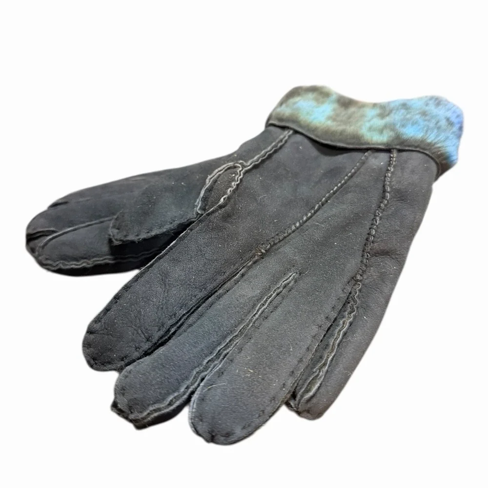 Black Genuine Lamb Fur Skin Shearling Suede Gloves with Blue Teal Trim